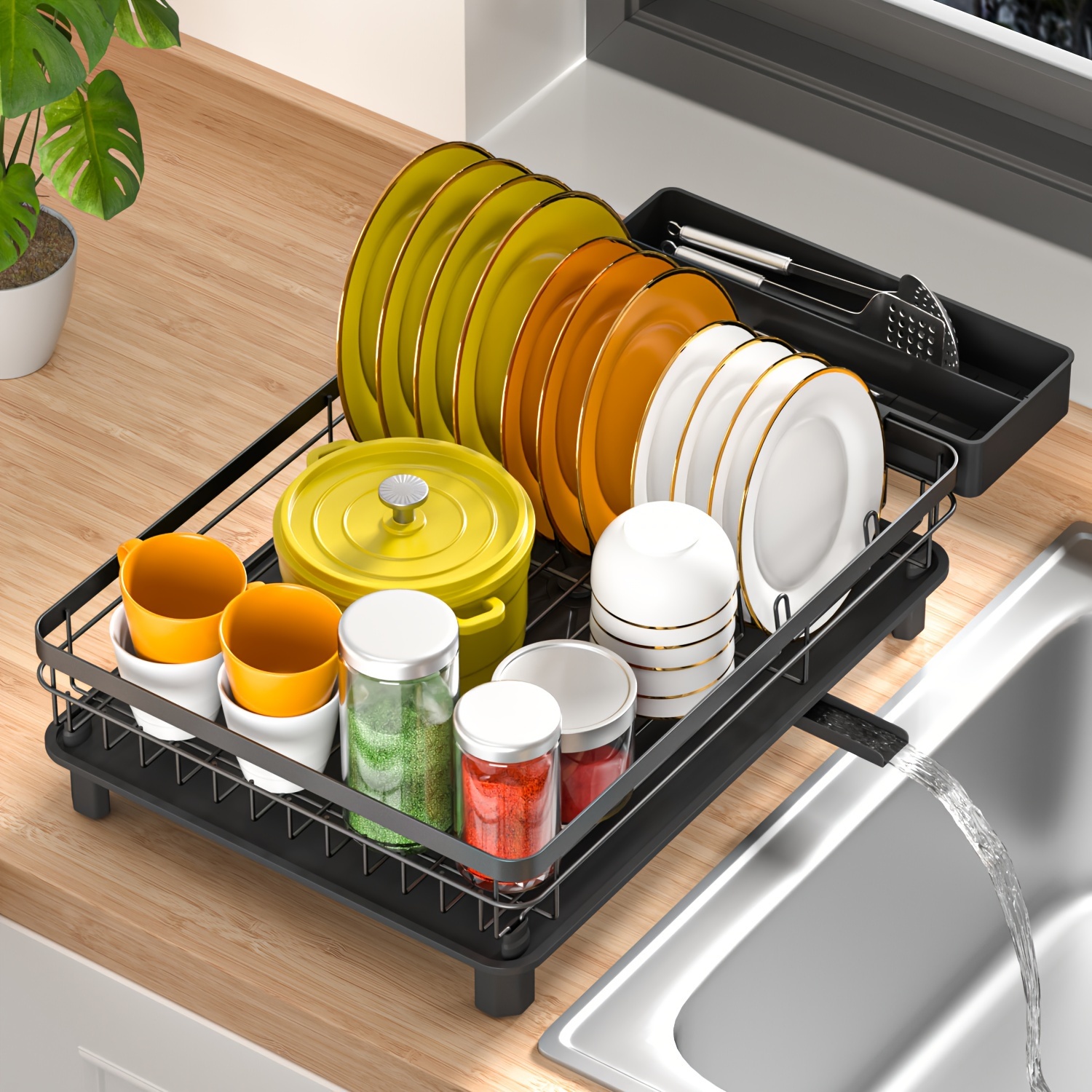 TEMU Dish Drainer Rack, Dish Rack With Drip Tray, Dish Drying Rack With Removable Cutlery Holder