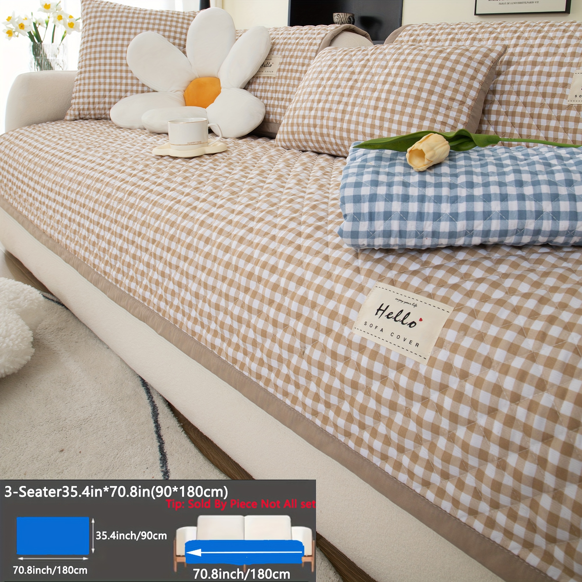 TEMU de sofá acolchada a cuadros con bordado, 1 pieza, decoración de japonés, de almohada/ de reposabrazos/ de sofá se venden por separado,