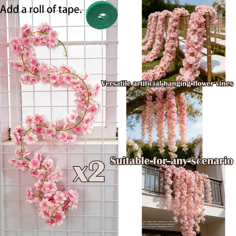 TEMU Artichloris 2pcs = 270 Flowers Artificial Cherry Vine, 180cm Hanging, Suitable For Outdoor Weddings, Valentine's Day, Hanukkah, Garland, St.