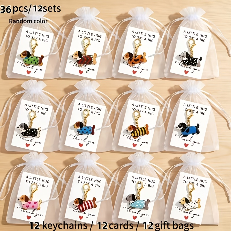 TEMU 36pcs Polka Dot Dog Keychain Set, Random Colors, Includes 12 Keychains + 12 Cards + 12 Mesh Bags - Ideal Birthday Gift For Men And Women,