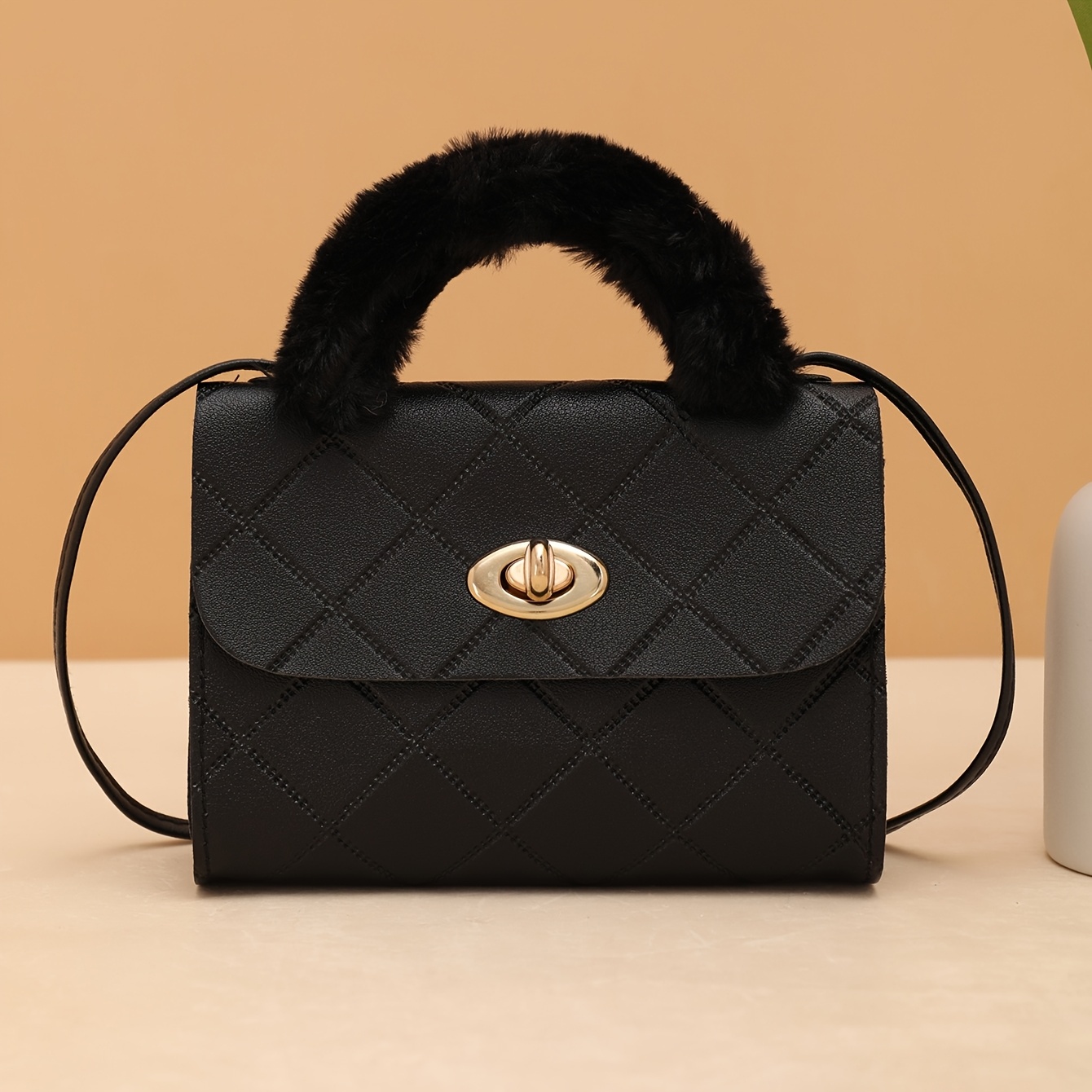 casual shopping faux fur wrist   handbag fashion soft plush chain crossbody womens handbag