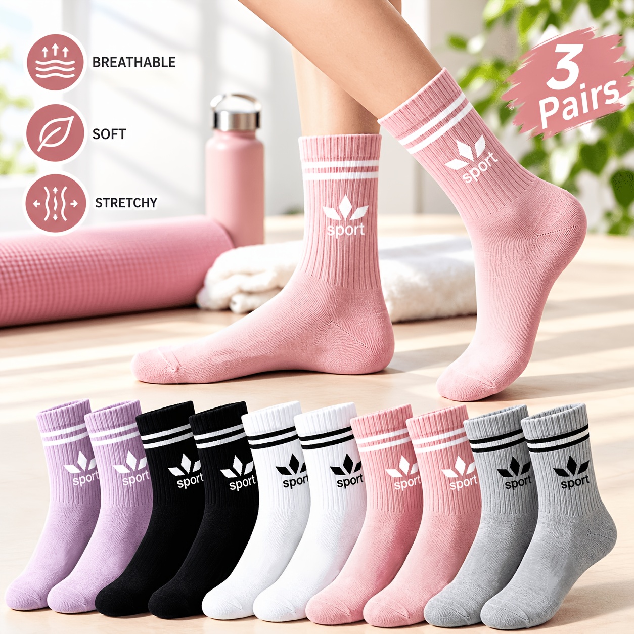 TEMU 3-pair Women's High-waist Mid-calf Sports Socks, Dopamine-inspired Minimalist Letter-trimmed Ankle Socks, Unisex Couple's Versatile Casual ,