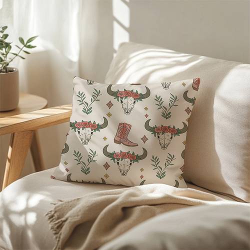 1pc bohemian western throw pillow cover buffalo skull with red flowers green leaves yellow diamonds on single sided zip closure machine washable polyester 18x18 inch 45x45cm for sofa living room bedroom decor sofa accessory polyester fabric