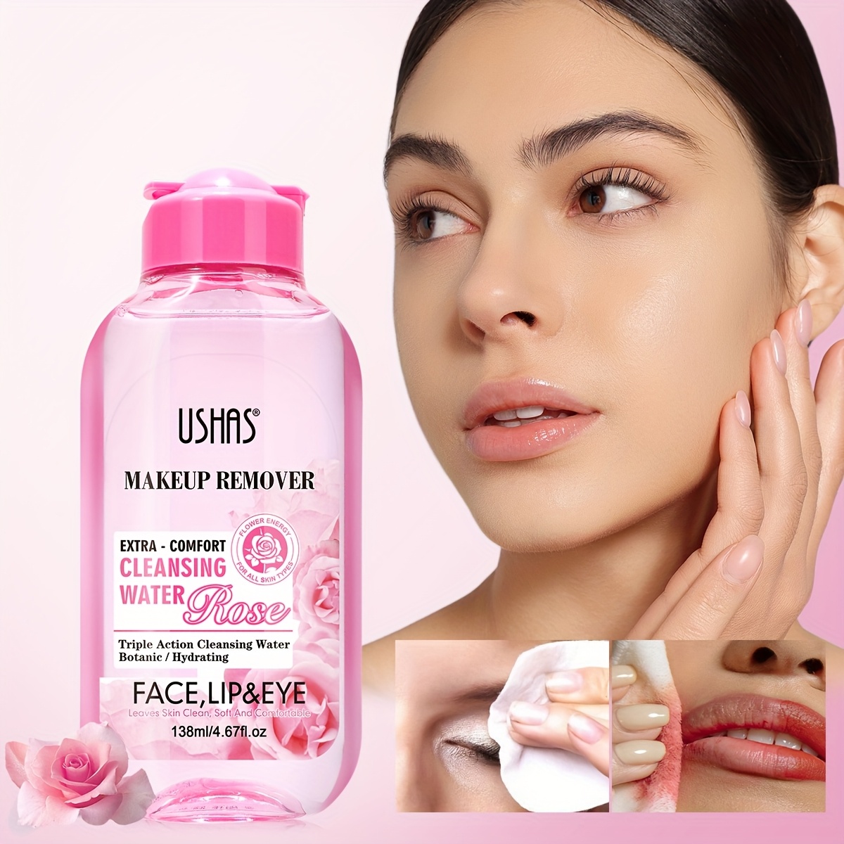 TEMU Ushas Gentle Water Eye Makeup Remover Liquid Non-greasy Deep Cleansing Water Facial Cleanser, For Longwear And Waterproof Makeup, , , For Face, Eyes, And Lips, Travel Size 4.73 Fl.oz