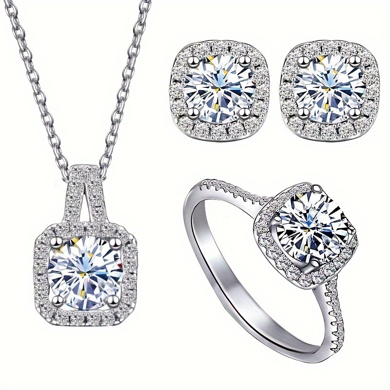 

Luxury Chic 3pcs Jewelry Set With Cubic Zirconia - Square Necklace & Earrings, Weddings & Engagements