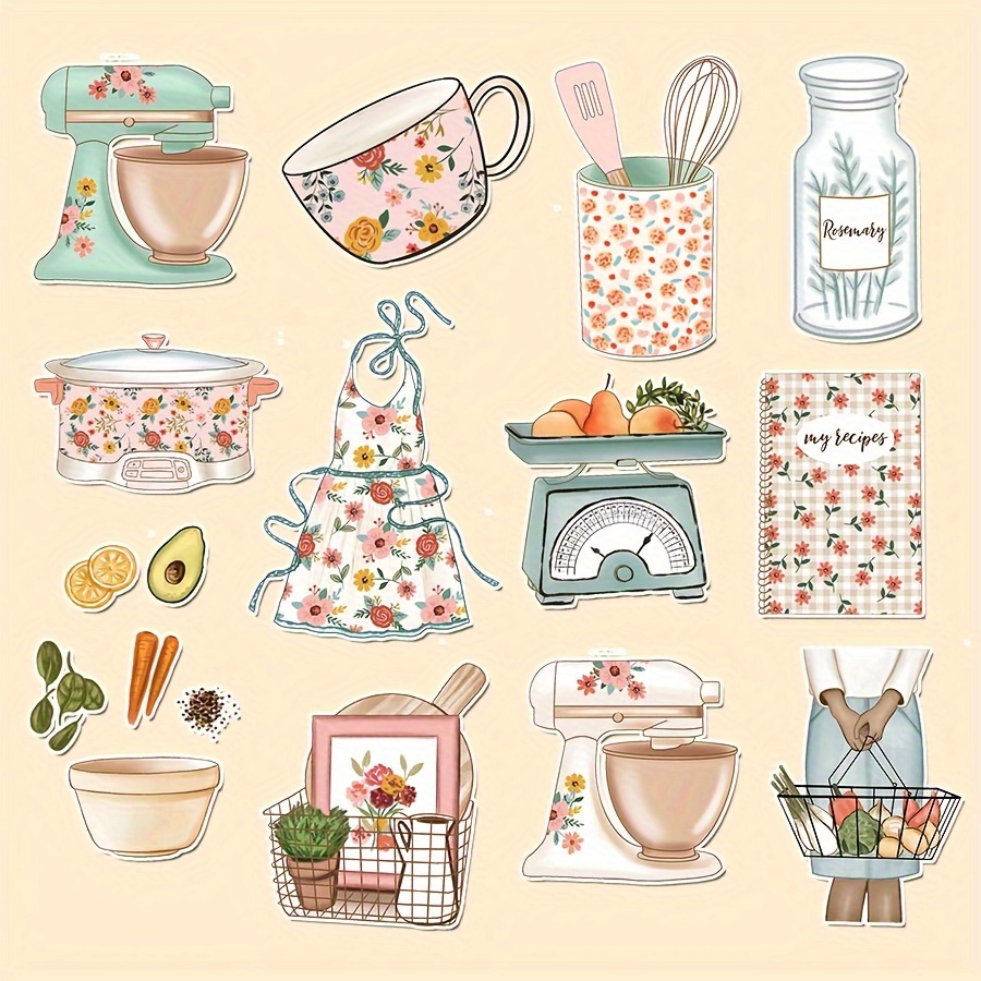 

Kitchen Baking Themed Stickers: Hand Drawn, Diy, Washi Tape, Office Supplies, Vinyl, Adhesive, Reusable, Irregular Shapes, Matte Finish