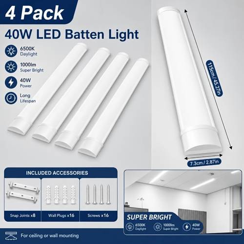 4 pack 4 led strip lights 40w 6500k garage ceiling lights ultra thin alternative 115cm long strip lights suitable for and offices cool white light