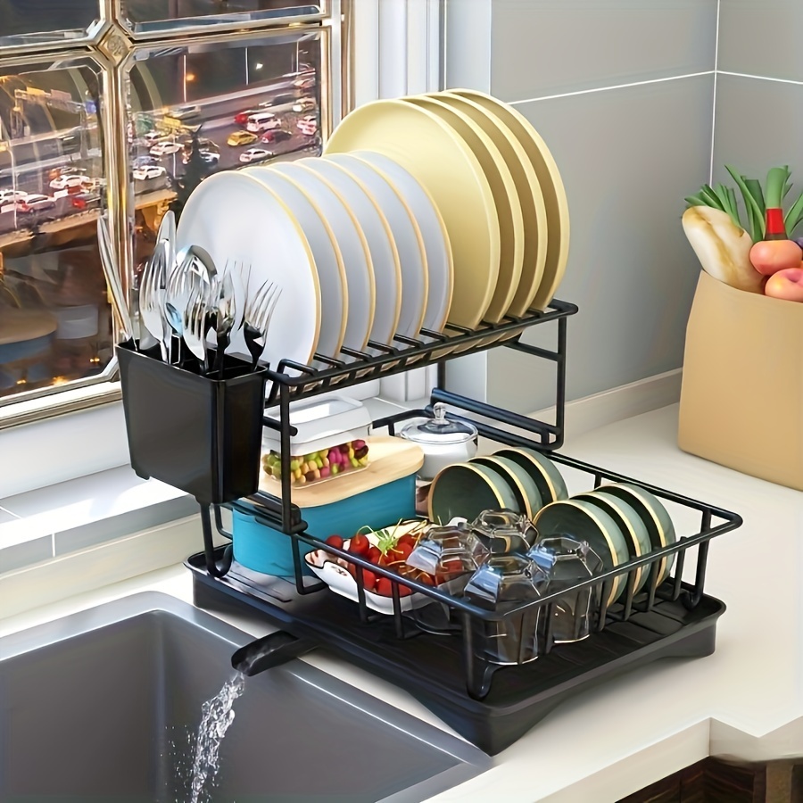 1pc metal 1 2 layer bowl dish rack space saving countertop organizer with drain basket chopsticks holder cutlery storage for   kitchen sink areas contemporary kitchenware   water drainage Product details 0