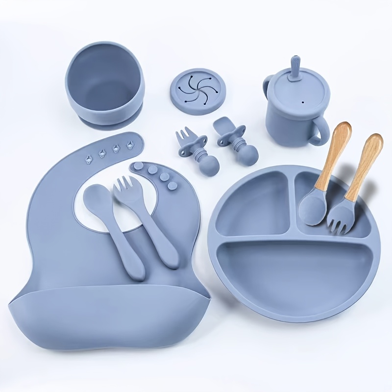 TEMU 1 Set Of 11pcs Silicone Baby Feeding Set, Baby Self-weaning Set, Suction Bowl, Spoon, Bib, Cup, Enhancing Self-feeding Skills, Dishwasher Safe.
