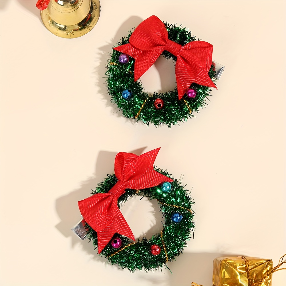 

2 Pcs Festive Christmas Hair Clips: Girls' Wreath Hair Clips With Ribbon Bows And Colorful Beaded Accessories For Party Decorations