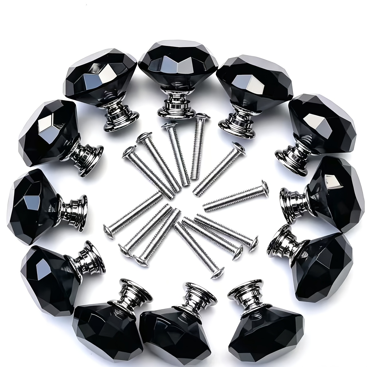 TEMU 12pcs Black Diamond-shaped Crystal Glass Cabinet Knobs, Single Hole Matte Black Decorative Drawer Handles, With Hardware Screws, Suitable For