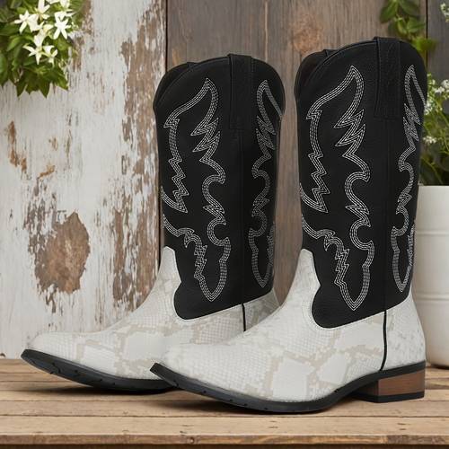 western cowboy boots slip on square toe booties with flat heel durable rubber sole polyurethane upper inner insole traditional country design casual footwear decorative stitching comfortable slipon cowgirl boots
