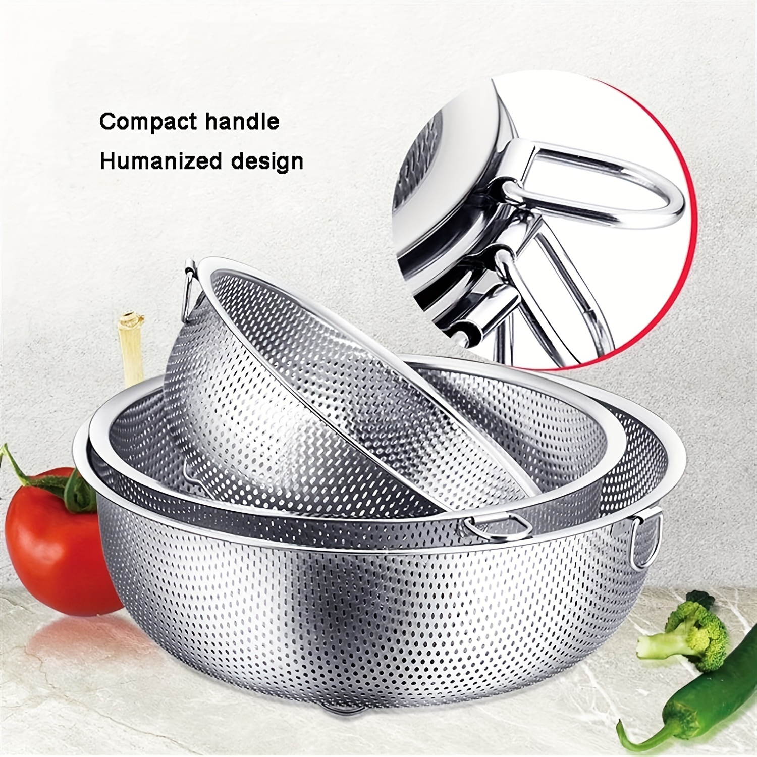

3-piece Stainless Steel Colander Set - Kitchen Sink Strainer Basket With Compact Handles - Thick, Durable Drain Basket For Washing Vegetables, Rice, And Fruits - Home Use Small Hole Draining Device