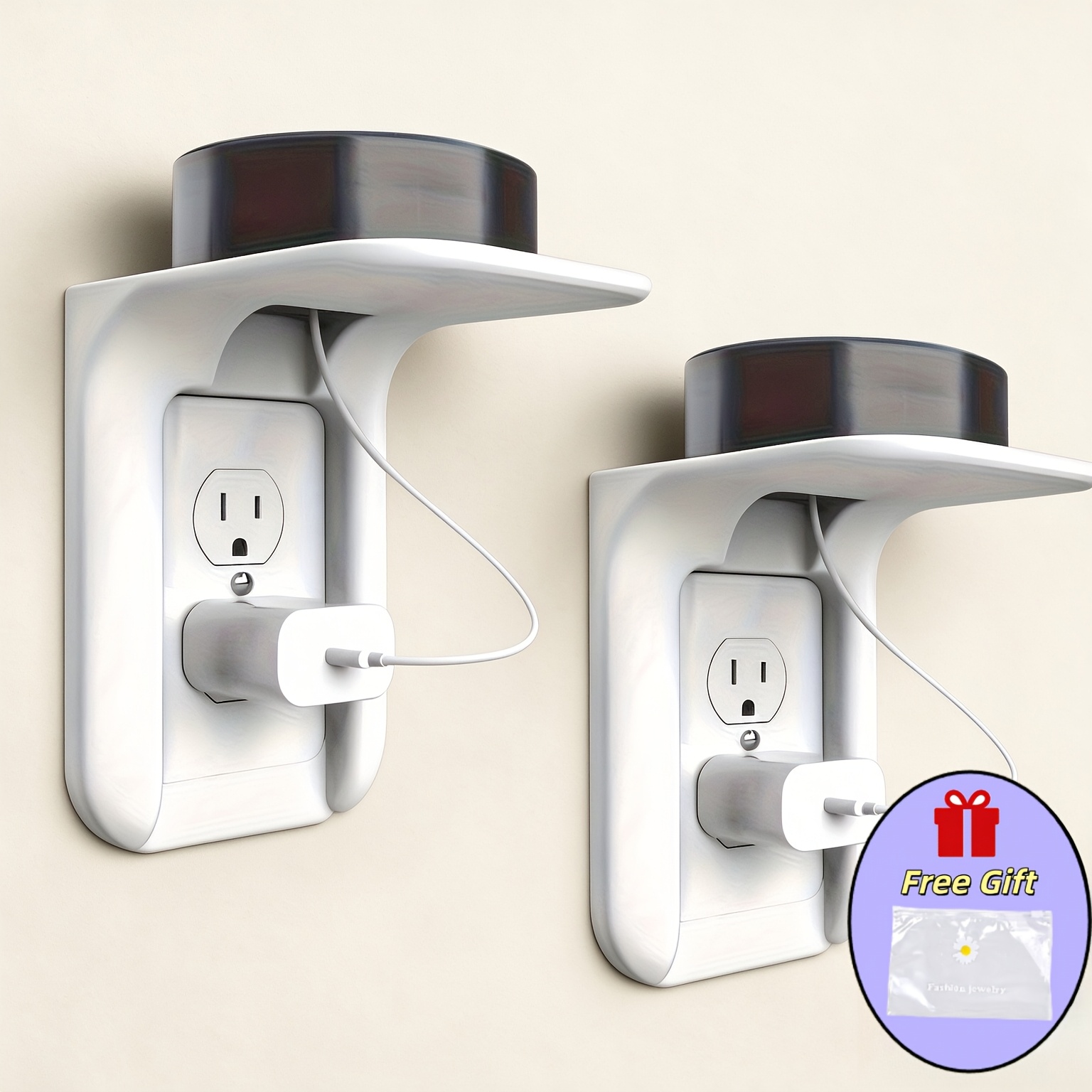 TEMU 2pcs Set (1pc Outlet Shelf And 1pc Storage Bag) With Built-in Cable Management, Bathroom Wall-mounted Shelf, Space-saving Outlet Bracket,