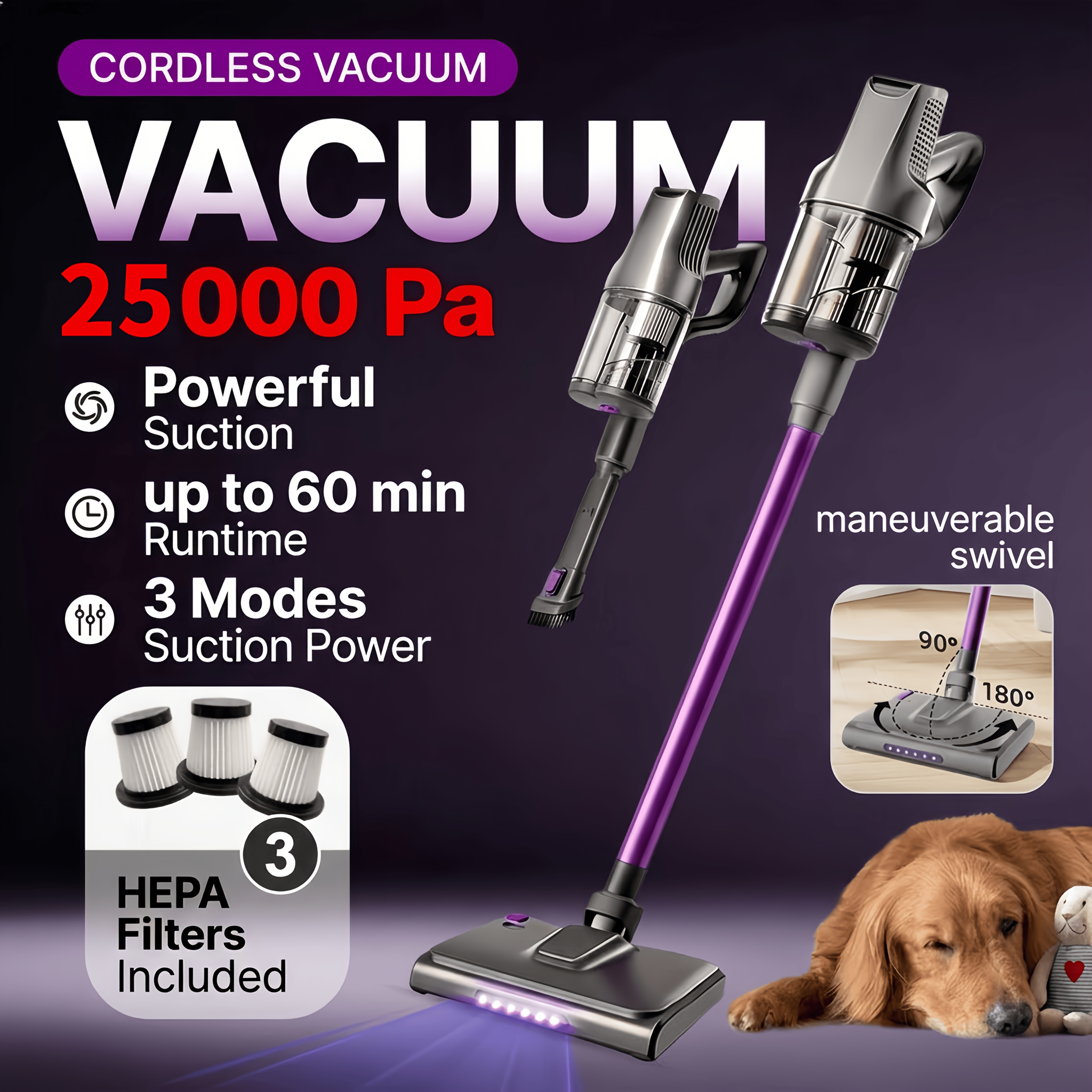 TEMU Aspirateur balai fil , forte aspiration, autonomie de , 3 modes de nettoyage, aspirateur à main léger pour sol, canapé, voiture et poils