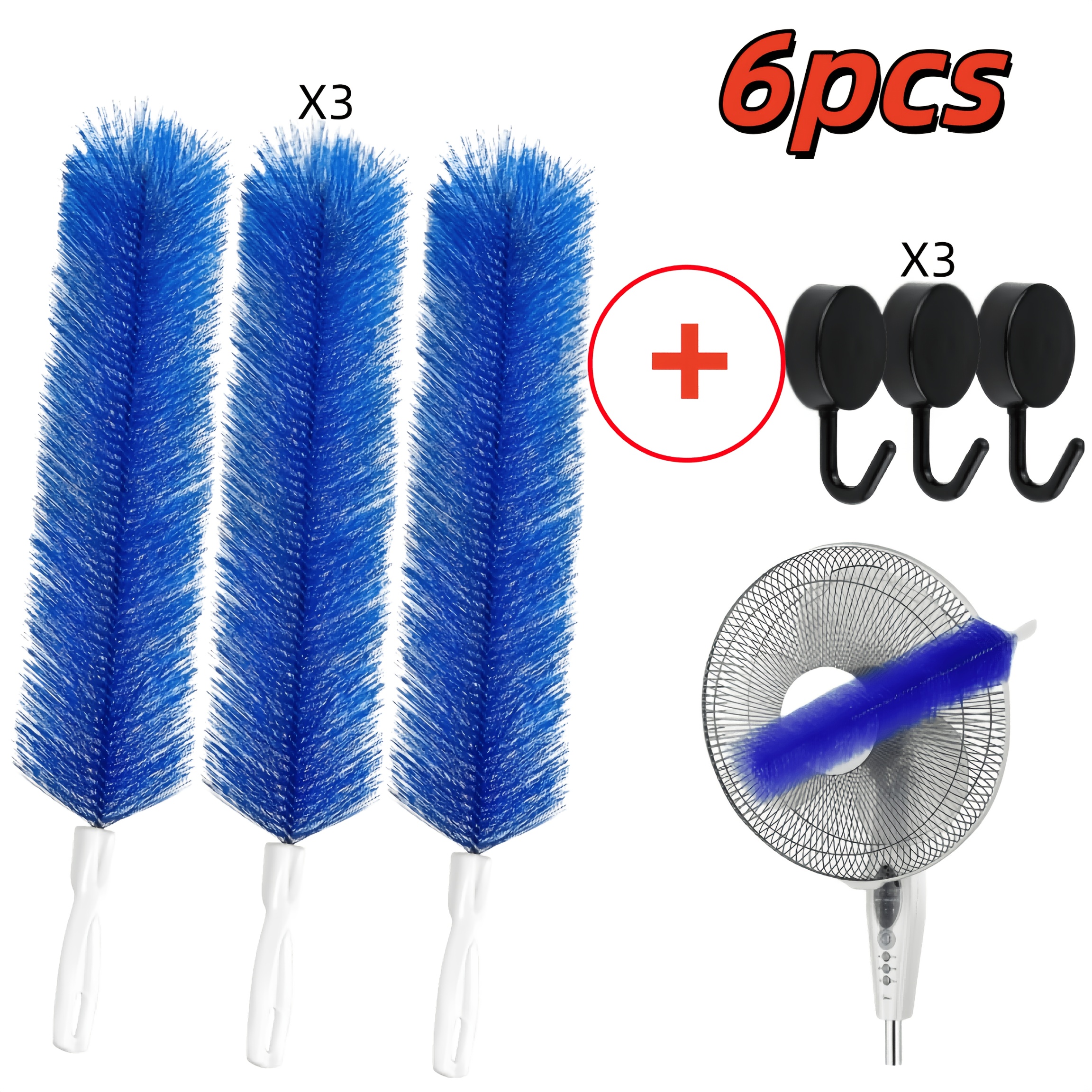 TEMU 6pcs Fan Cleaning Brush Set: 3 Cleaning Brushes + 3 Hooks. Flexible Fan Dusting Brush, Suitable For All Types Of Electric Fans, Reusable.