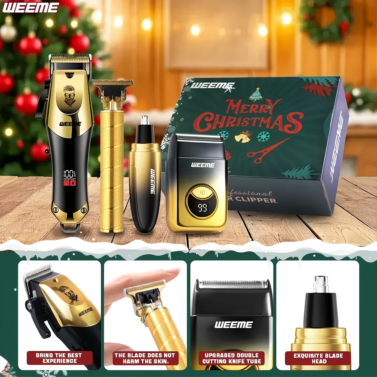 WEEME Heren Blauw/Gouden 4-delige Tondeuse en Trimmer Set - Professionele Draadloze Tondeuse, Draagbare Baard- en Lichaamstrimmer, Edge Trimmer en Scheermes Combo, Kerstcadeau Categorie