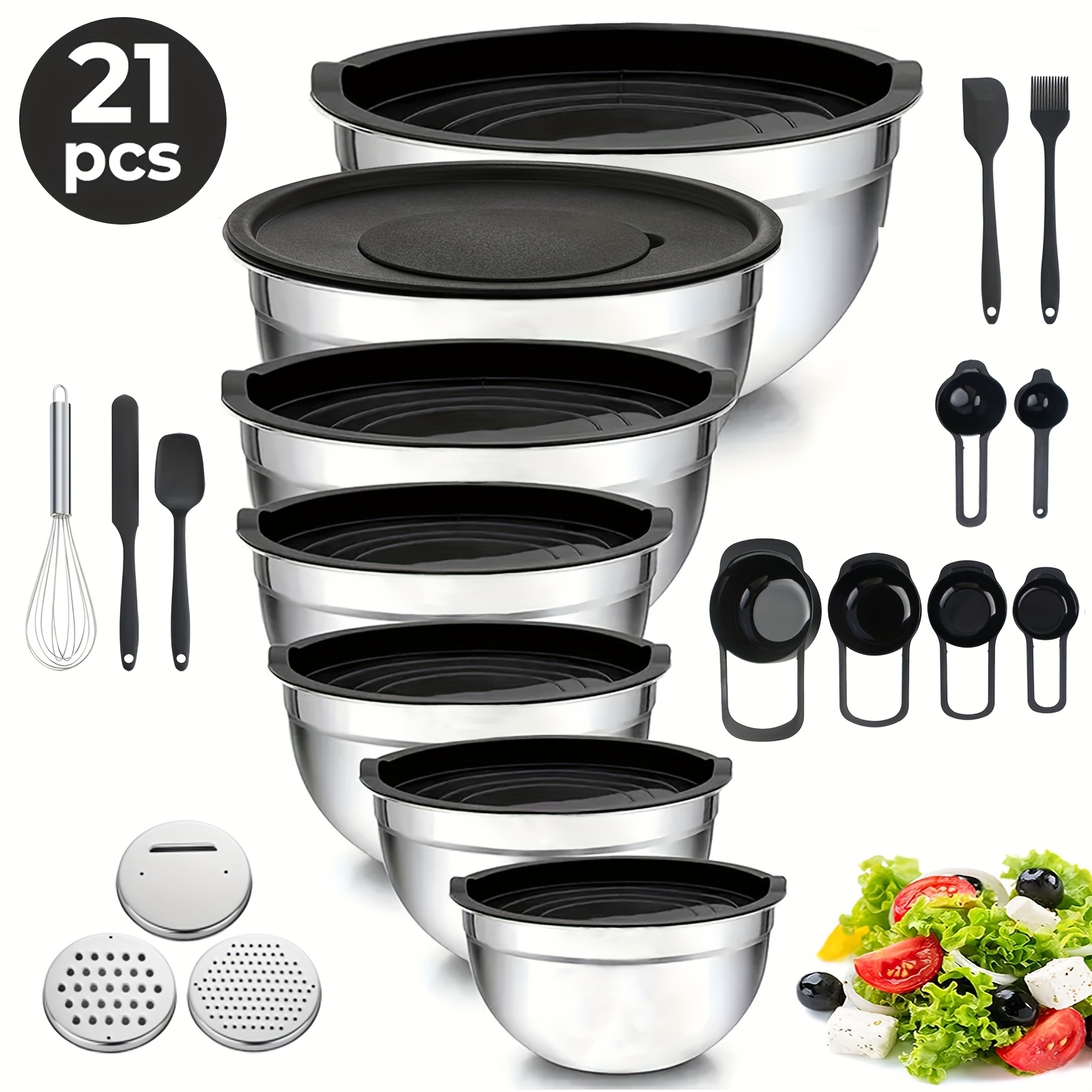 Image of 21pcs Stainless Steel Salad Bowl Set With Lid, Including 7 Stackable Mixing Bowls, Suitable For Salads, Fruits, Pasta And Baking, Outdoor Safety, , Innovative Kitchen Cooking Tools
