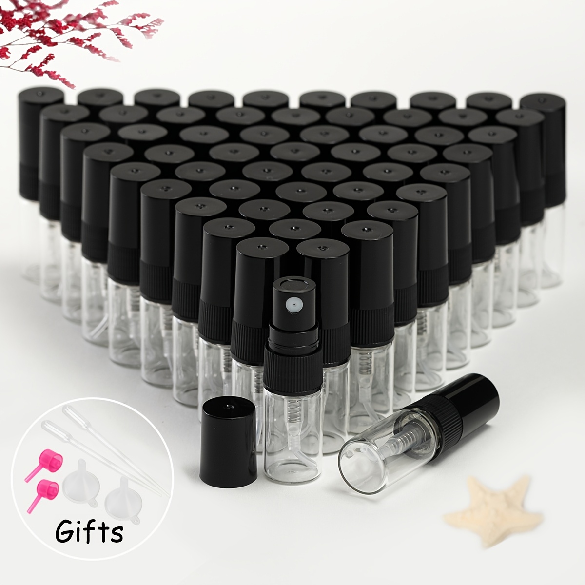 

56pcs Transparent Glass Perfume Bottles, Refillable Spray Bottles In 2ml, 3ml, 5ml, 10ml - Black Nozzle, Plastic Sprayer, For Travel, Moisturizing, Refillable