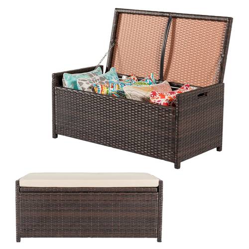 2 in 1 wicker deck box bench all weather 55 gallon outdoor storage box with cushions and waterproof bag rattan storage bench for pool tools outdoor equipments and garden tools