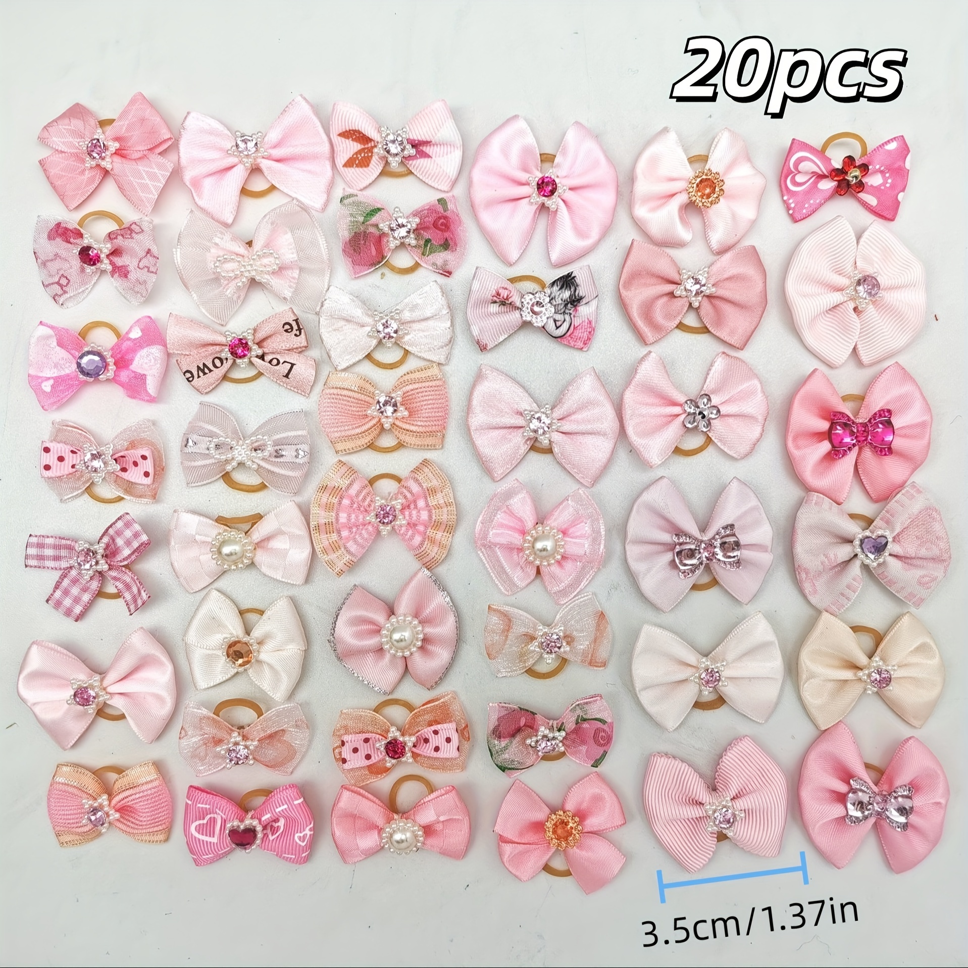 TEMU Set Of 20 Adorable Bows In Styles, Featuring Rhinestones And Pearls, Perfect For Pet Grooming. Includes Rubber Bands For Hair Additions, Without Battery
