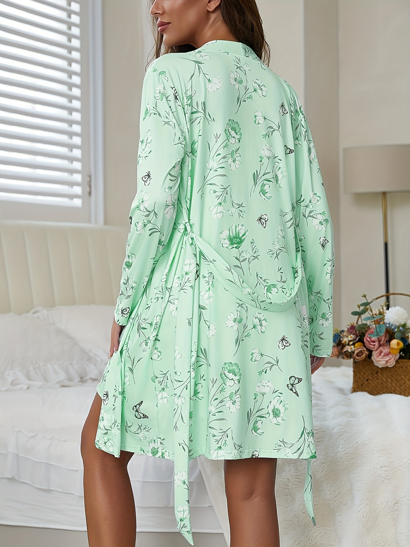 Women'S Floral Print Lace-Trimmed Slip Dress & Long Sleeve Robe Set - 2pcs  Casual And Comfortable Pajamas Set
