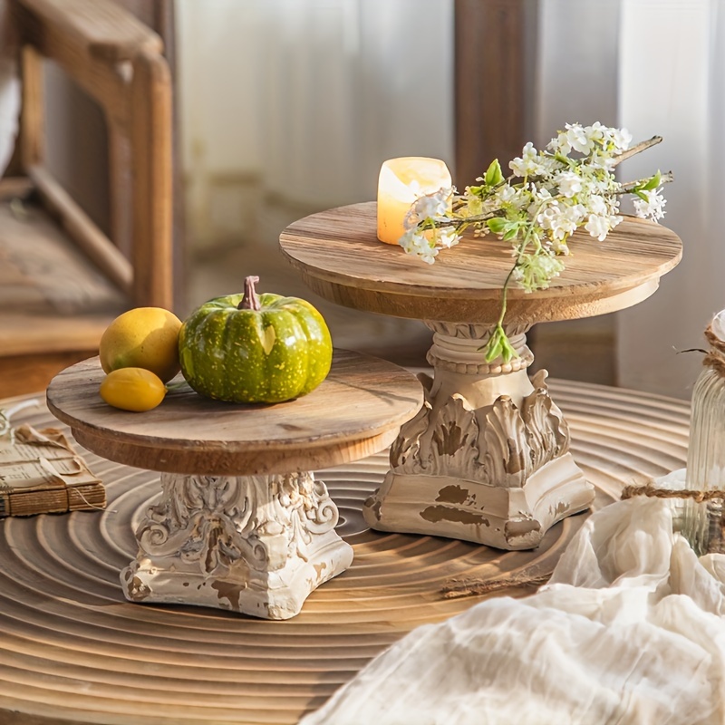 

1pc Rustic Wooden Round Pedestal Trays With Vintage Carvings, Farmhouse Chic Decor Accent, Distressed Display Stands, Wedding Props, For Living Room Office Decor, Day Party Summer Graduation Gift