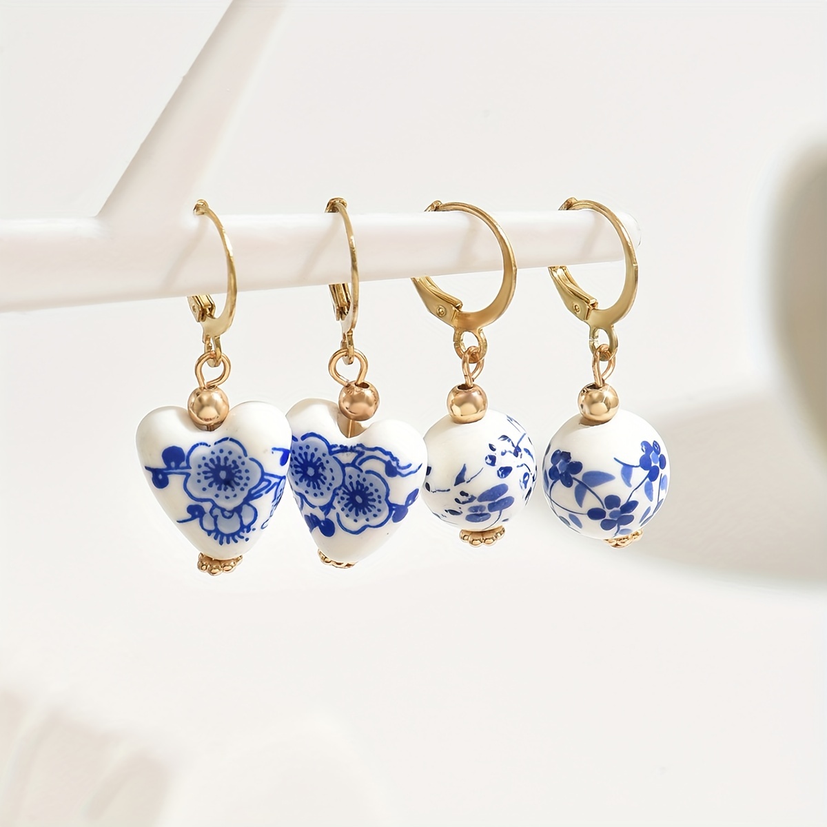 

Vintage-inspired Ceramic Bead Heart Hoop Earrings With Porcelain Design - Copper Posts, Casual Attire