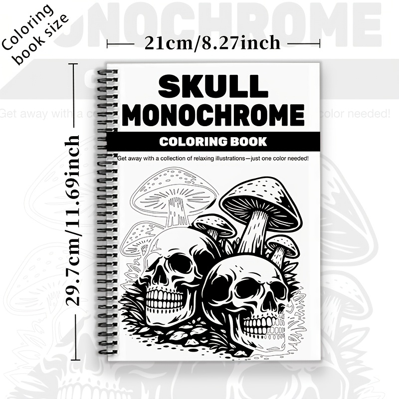 TEMU Monochrome Skeleton Coloring Book, Goblin Fantasy Dark Style, A4 Size, 20 Pages, Spiral Bound For Flat Laying. Featuring Dark Aesthetic And