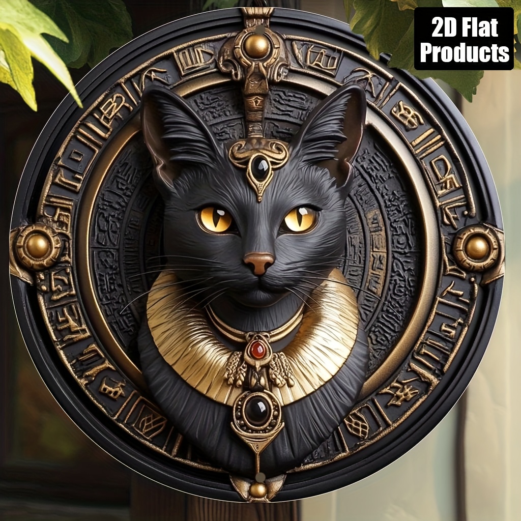 TEMU 2d Flat, 8x8 Inch Egyptian Black Cat Wall Decor - Vintage Egyptian Art Plaque With Hieroglyphic Patterns, Durable Aluminum Metal Sign For Home,