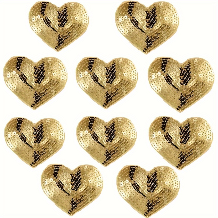 

10pcs Sequined Heart Patches, Golden And Red, Iron-on Appliques, Embellishments For Diy Craft, Clothing Repair And Decoration