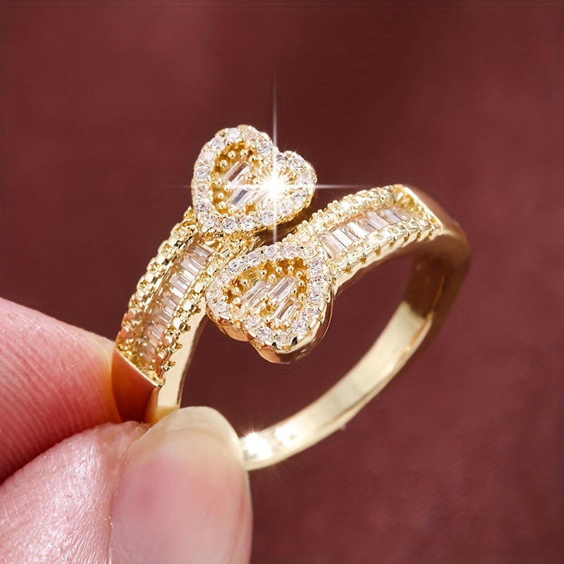 Adjustable Geometric Open Heart Ring with Zirconia Stones Golden Plated