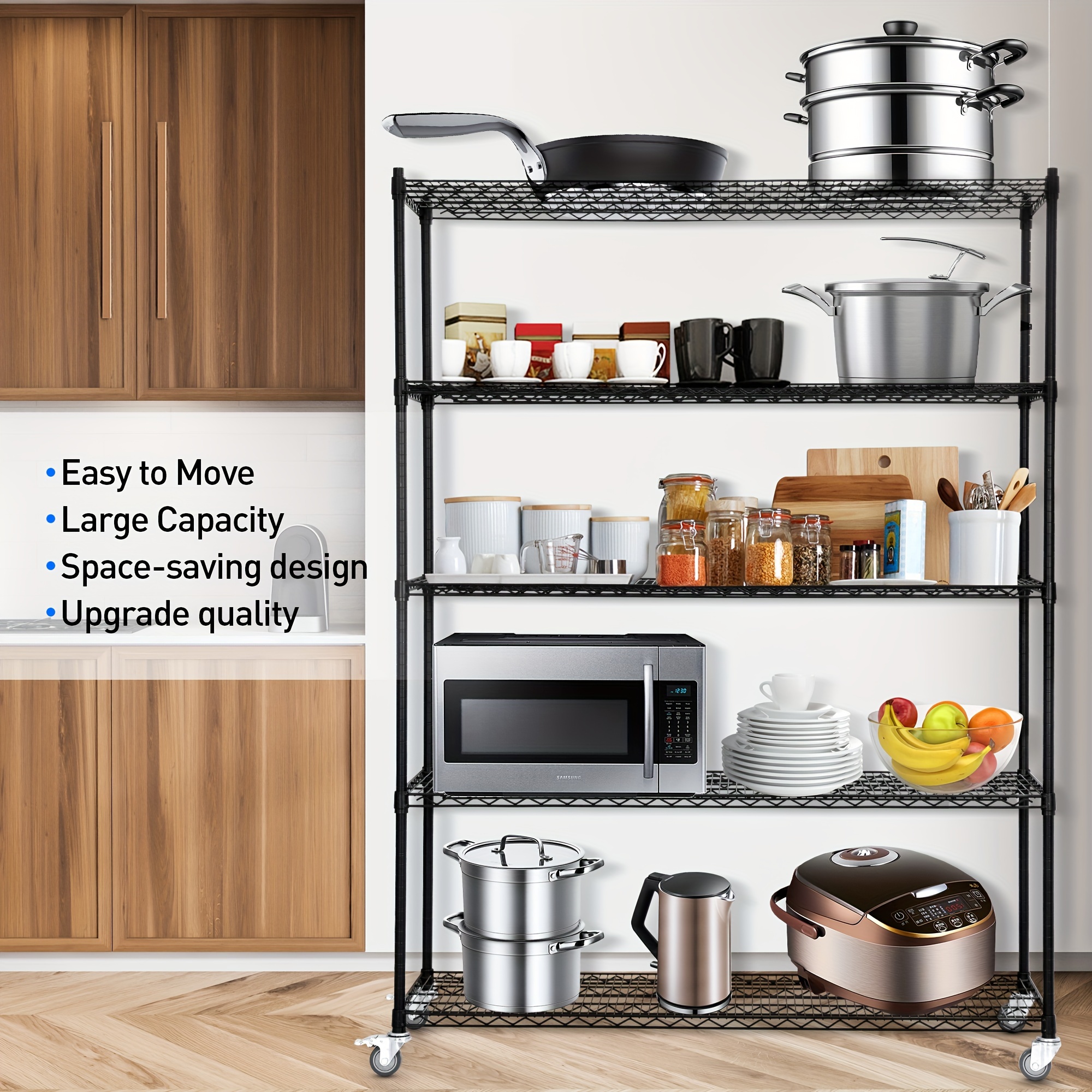 

5-tier Heavy-duty Steel Wire Shelving With Wheels, - 3000lbs Capacity, Space-saving Design For Kitchen, Pantry, Garage Storage, Pantry Shelving | |stainless Steel Shelves, For Storage, Rengue