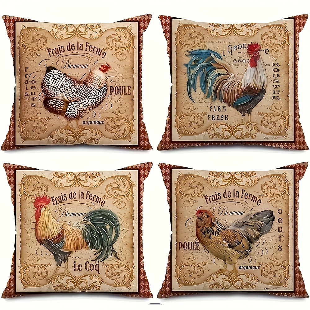 

Set Of 4 Contemporary Farmhouse Rooster & Hen Throw Cushion Covers, 45x45cm, Decorative Zippered Sofa Accent Cases, Machine Washable, Polyester Knit Fabric For Room Decor