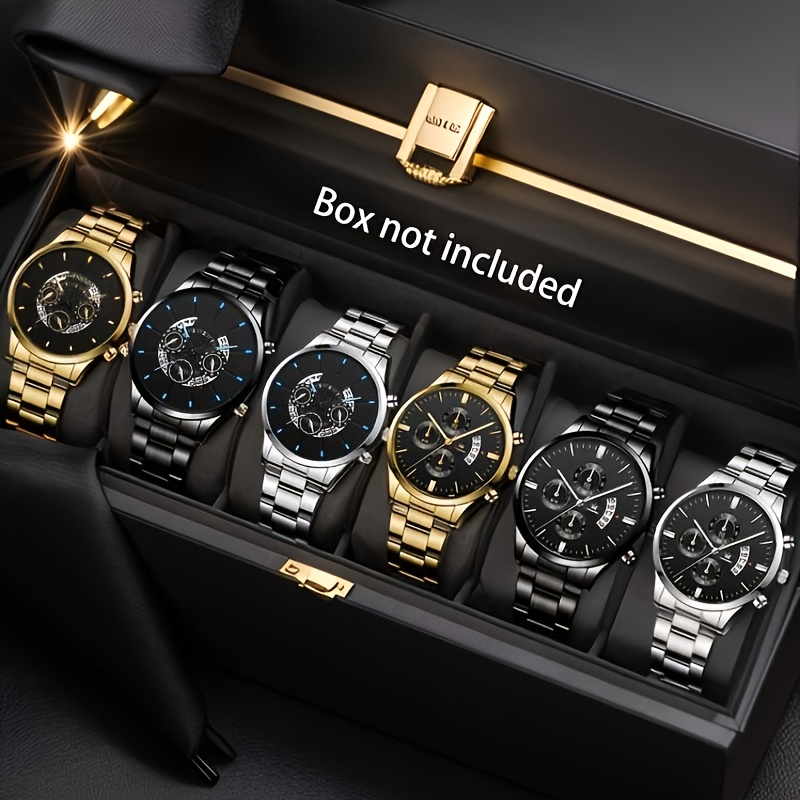 TEMU 6pcs Elegant Men's Watch Set, Alloy Strap, Round Dial, Quartz Movement, Battery Powered, Ideal For Gifting, Valentine's Day, Easter, Halloween,