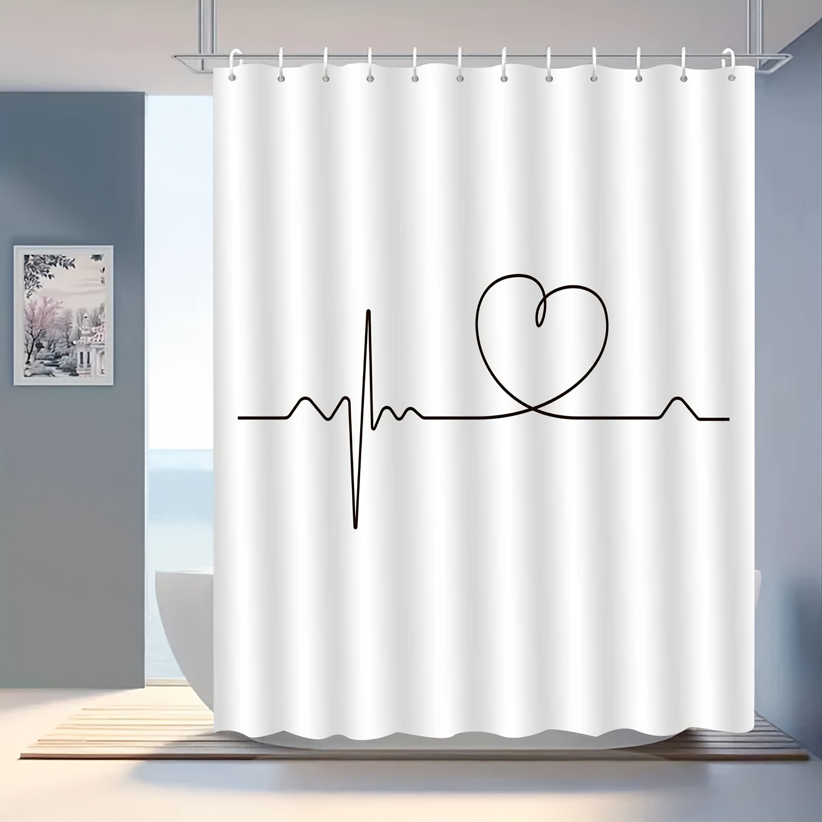 

1pc Minimalist Black And White Heartbeat Pattern Shower Curtain, Water-resistant Polyester Knit Fabric, Machine Washable, , Holiday Decor With Hooks Included, Shower Curtain For Bathrooms