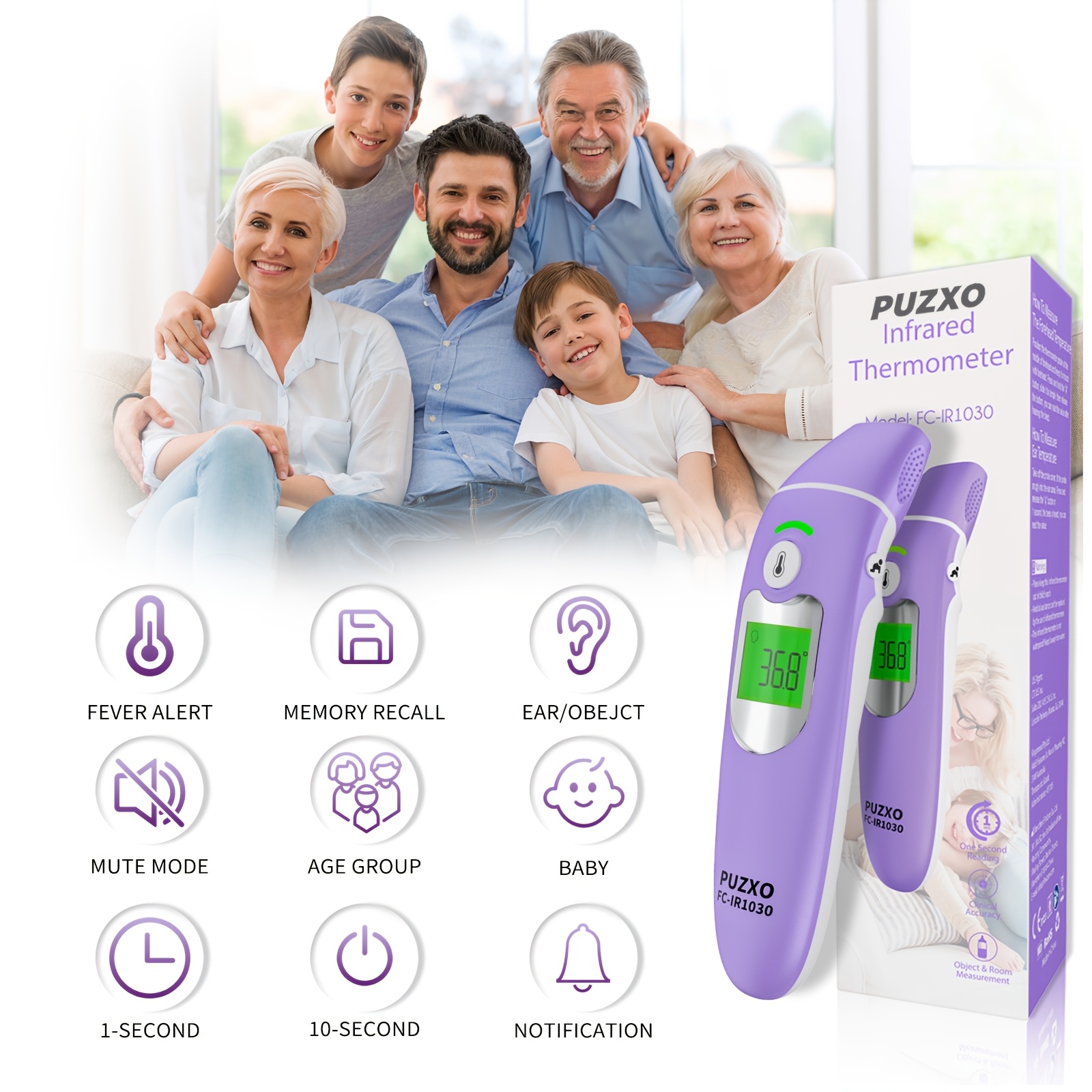 Puzxo Three-In-One Thermometer: Non-Contact Forehead/Ear Temperature/Object Temperature Measurement, Accurate Reading in 1 Second, Three-Color Backlight, LCD Screen Display And Memory Storage, Dual-Use at Home And Clinical, Comes with Battery