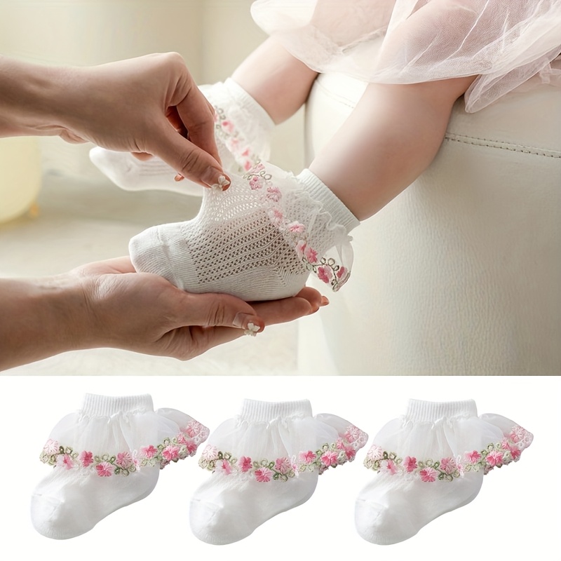 3 Pairs Floral Embroidered Mesh Lace Socks, Princess Socks, Lace Socks, Elegant High-end