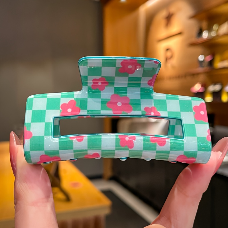 TEMU 1pc Colored Candy Checkered Pattern Printing Claw, Anti Slip Hair Claw For Women, Strong Fixed Hair Accessory, Suitable For , Fine Hair And Types