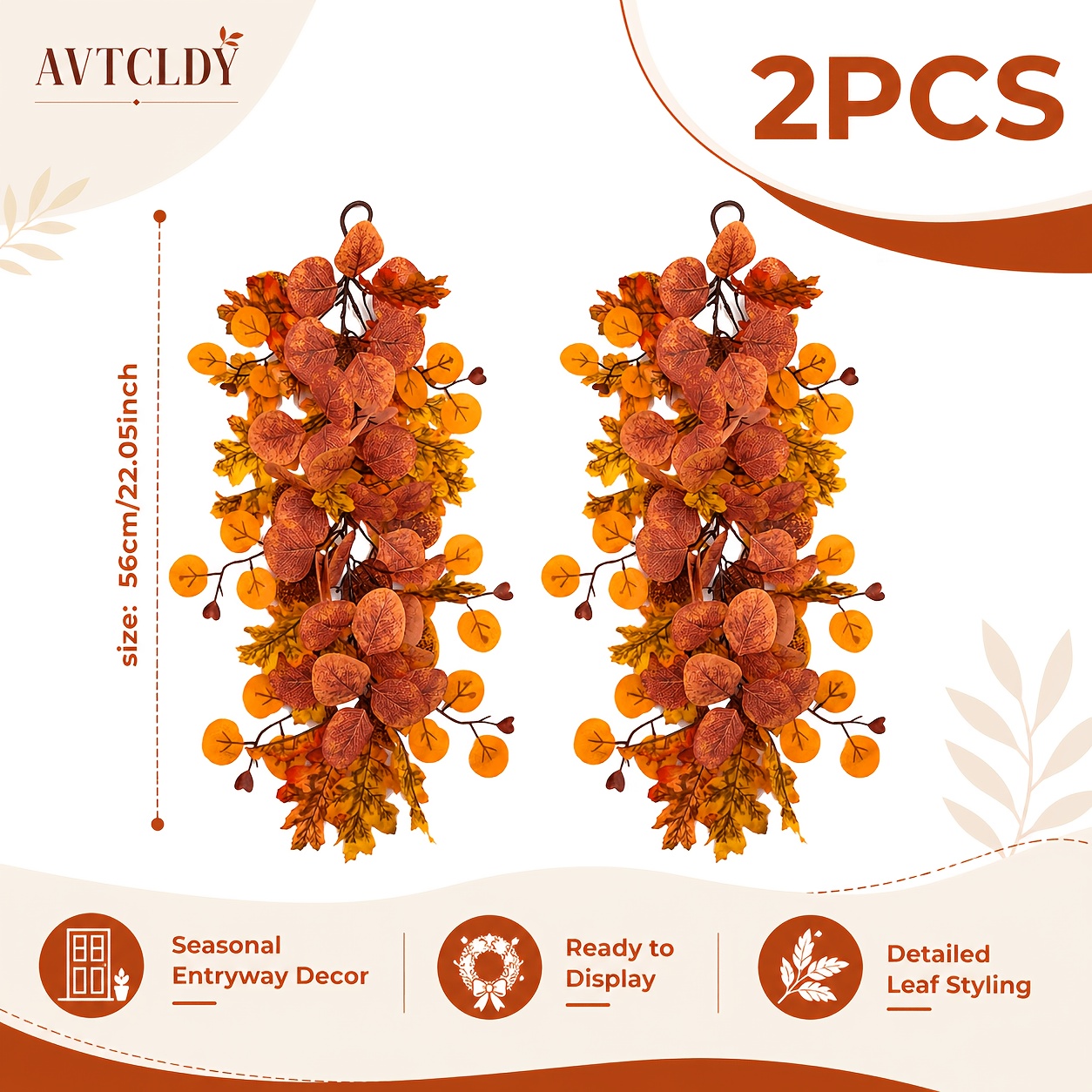 TEMU 2pcs Orange-brown Autumn Charm Artificial Green Foliage Teardrop-shaped Hanging Floral Decor, Gradient Round Maple Leaf Mix Door Hanging,
