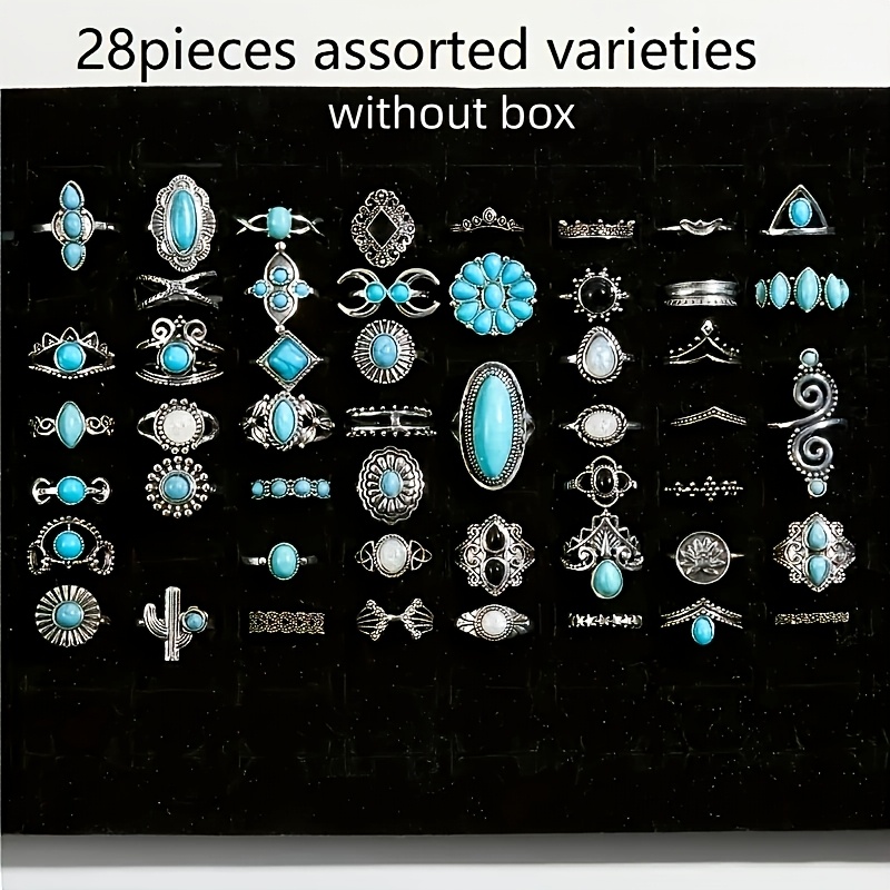 TEMU 28pcs Bohemian Retro Western Style Synthetic Turquoise Women's Ring Set Irregular Shaped Women's Stacked Set Party Vacation Party Jewelry Gift