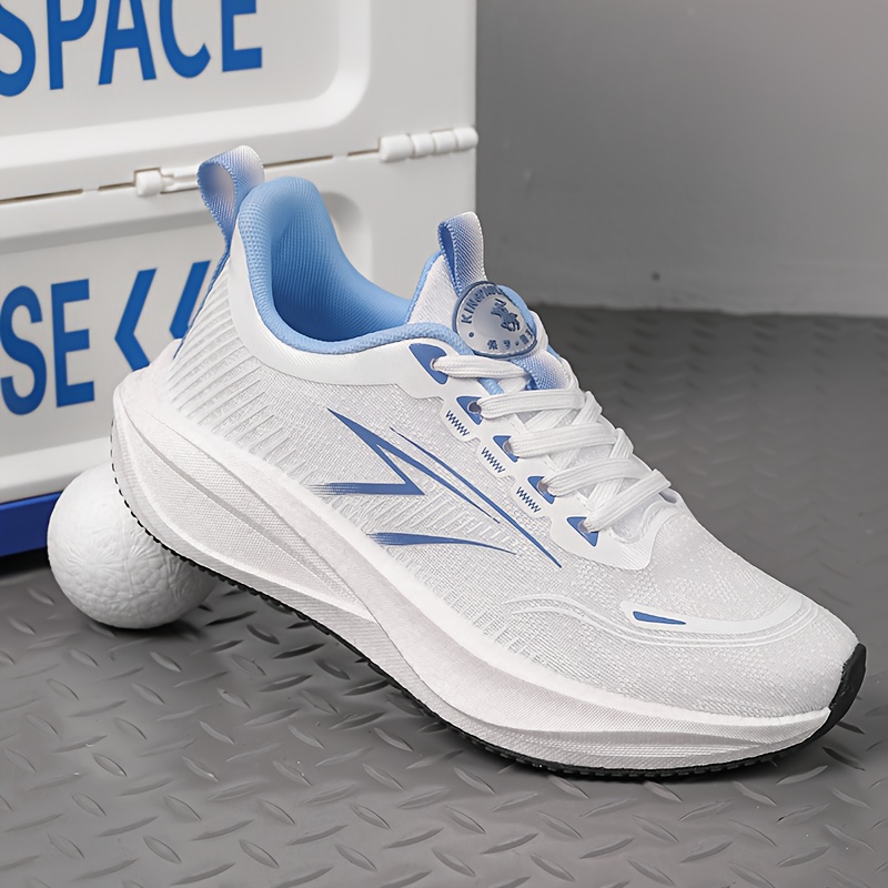 Zapatillas de deporte blancas/azules para mujer y unisex - Zapatillas transpirables de caña baja de talla grande con suela de carbono, amortiguación que absorbe los impactos para correr, gimnasio, caminar - Calzado deportivo casual de punta redonda (blanco/azul), Zapatos de mujer