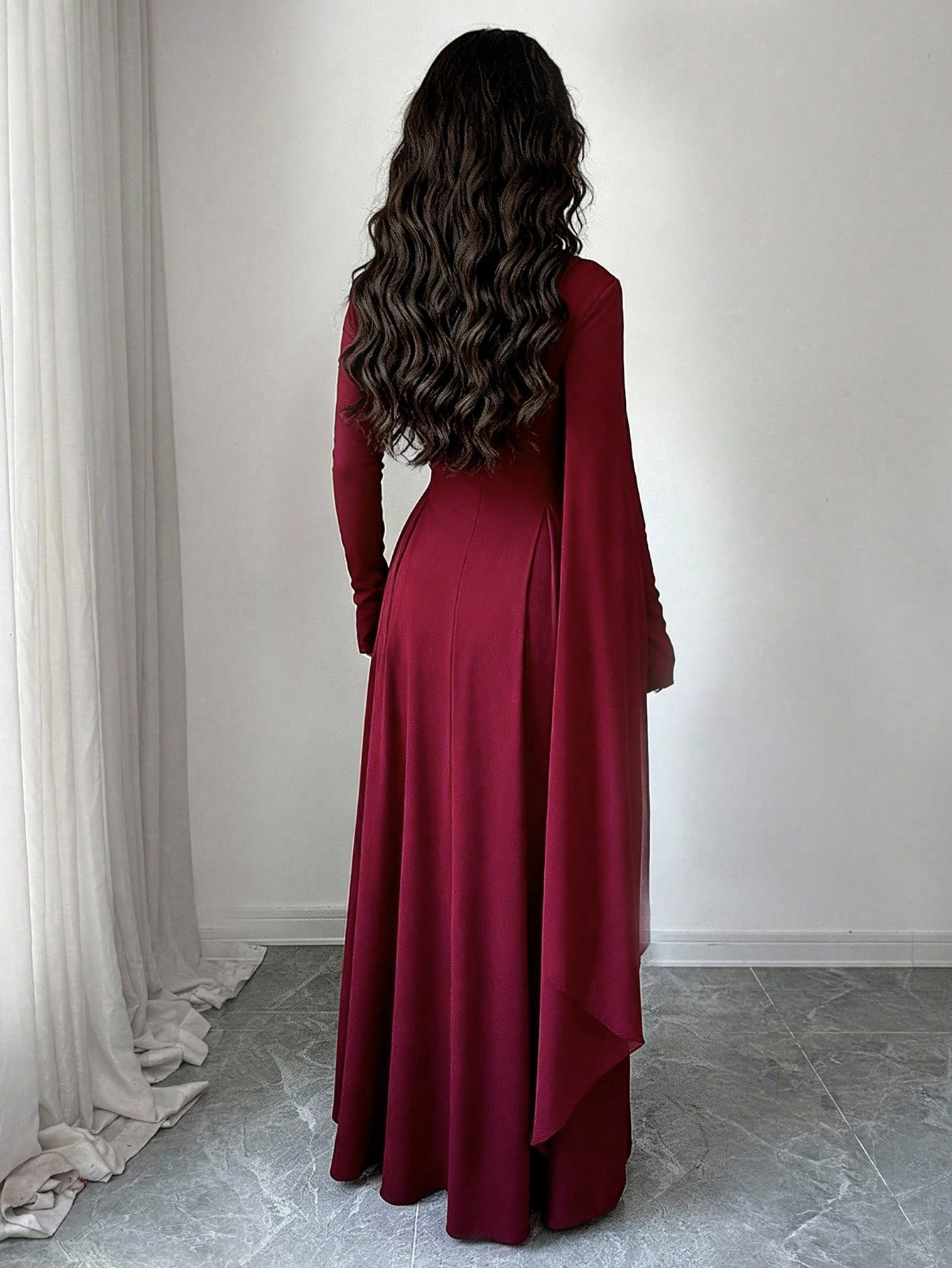 elegant long dress with mesh panel and stand collar solid color asymmetrical design   spring and autumn Product details 1