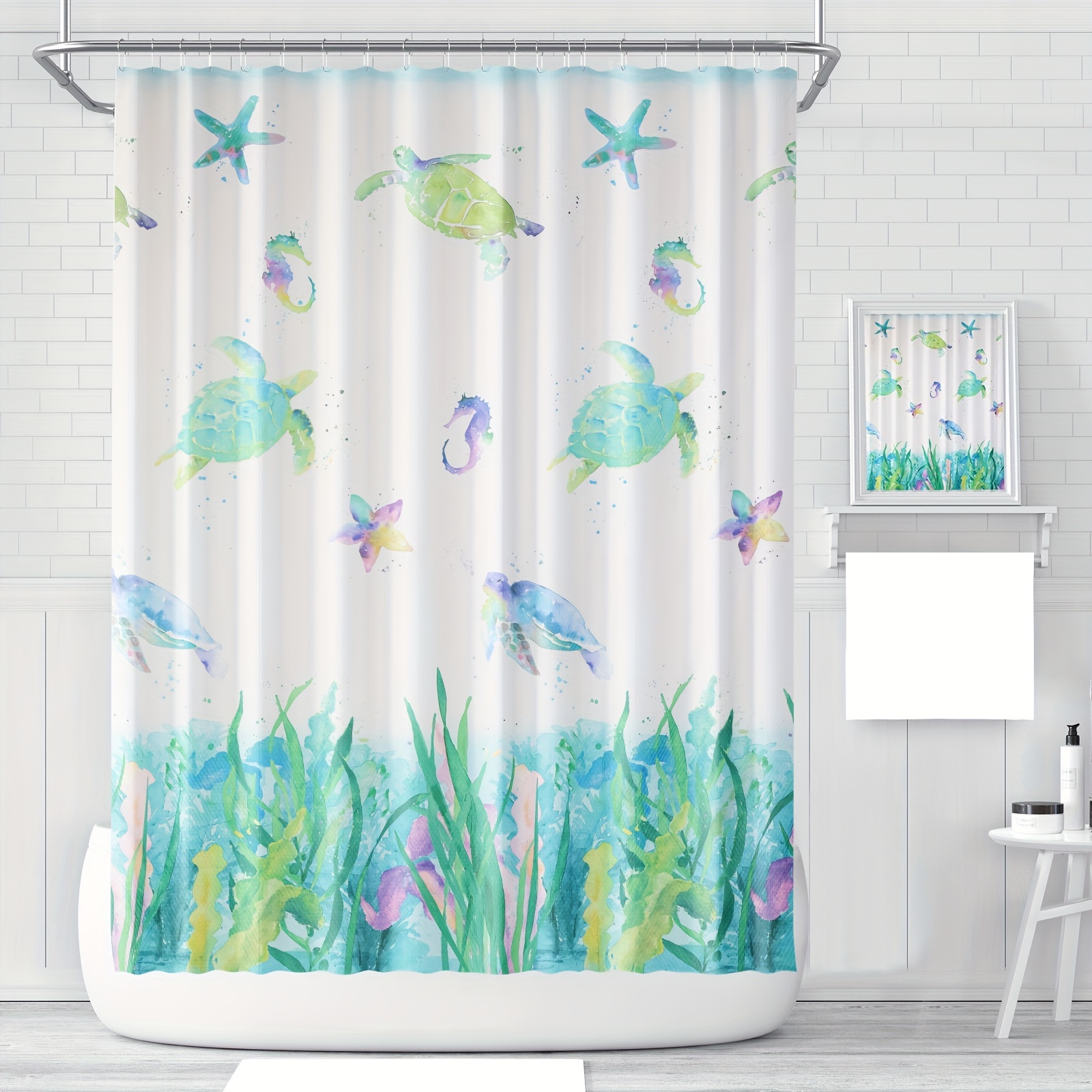 1pc Sea Turtle Ocean Star Pattern Shower Curtain With 12 - Temu