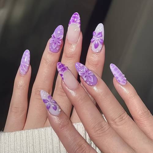48pcs almond shaped purple 3d embossed floral press on nails removable false nails suitable for parties and daily activities