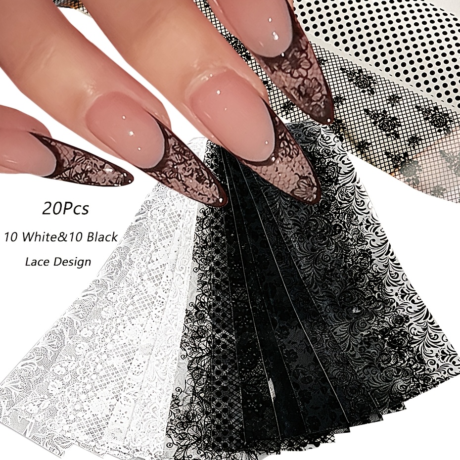TEMU 20 Sheets Lace Nail Foil Stickers 20cm Long Black And White French Style Lace Flowers Design Transfer Nail Art Decals For Acrylic Nails Manicure