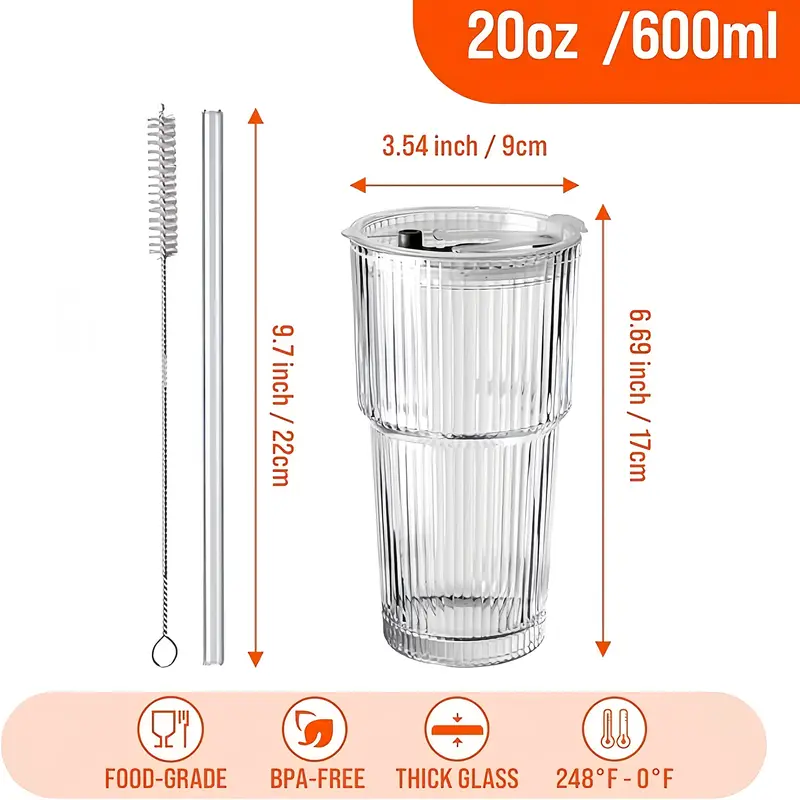 2 ribbed glass cups with plastic lid and straw straw brush iced coffee cocktails etc suitable for home office party supplies 20oz Product details 6
