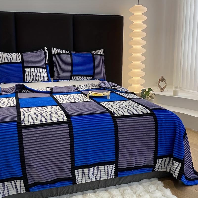 TEMU Einteilige Plüschdecke mit quadratischem Streifen-Karo-Druck, für alle Jahreszeiten, Heimgebrauch, Camping Auto geeignet
