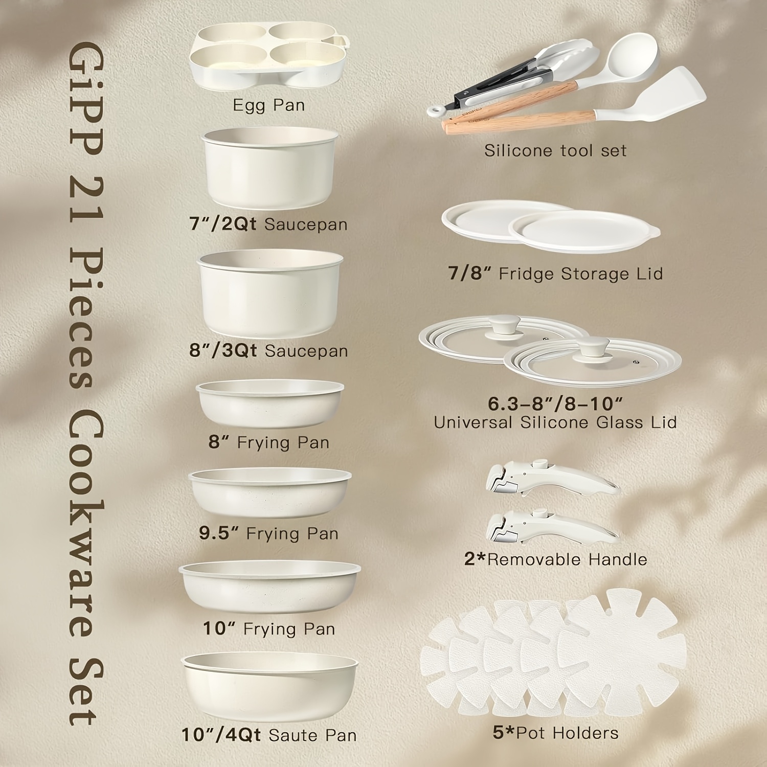 Gipp Saucepan Set With Removable Handle, 21pcs Ceramic Induction Cookware, Oven Safe, Suitable For All Hob Types