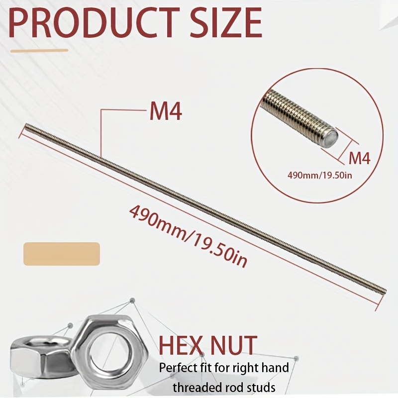 Image of 30pcs 304 Stainless Steel Rods And Hex Nuts, With 10pcs M4 Stainless Steel Thread Rods And 20pcs M4 Stainless Steel Nuts, For Beading, Garden Stakes, Making Fairy Wands